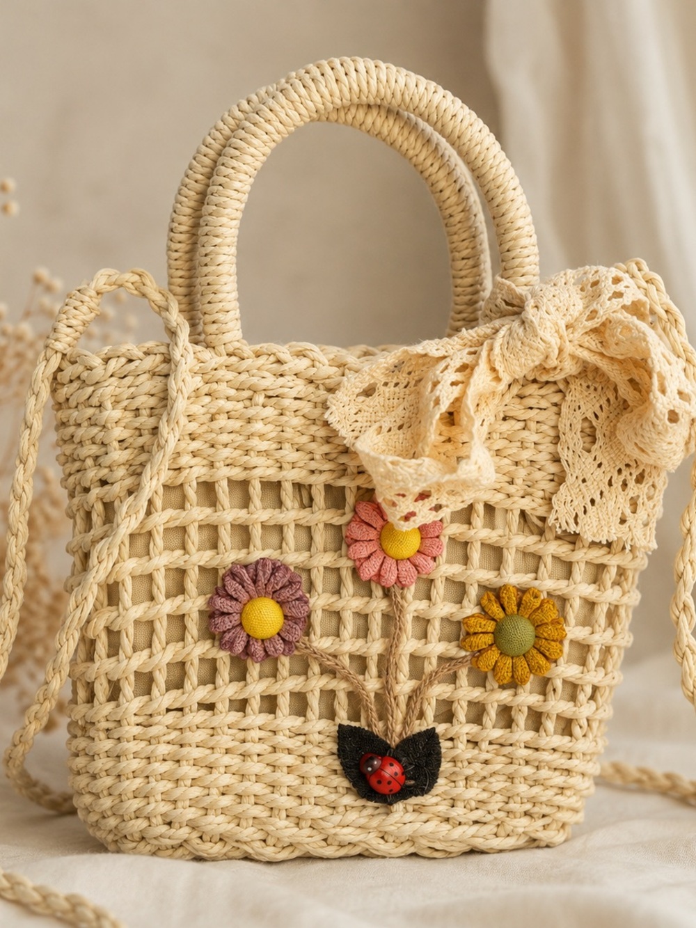 Woven Straw Floral Crossbody Bag in Natural